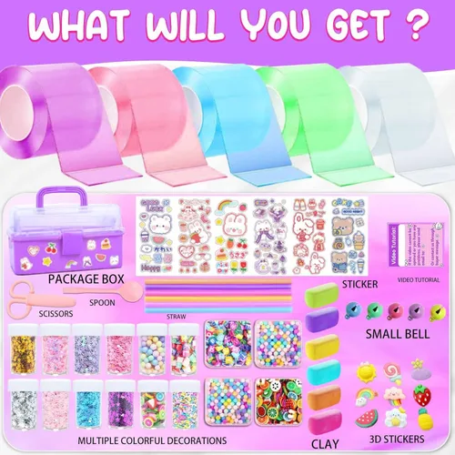 Vista 2 de Kit de burbujas de nano cinta con caja morada, kit de hacer esponjosos, regalos de cumpleaños juguetes para niñas de 4, 5, 6, 7, 8, 9, 10, 11, 12