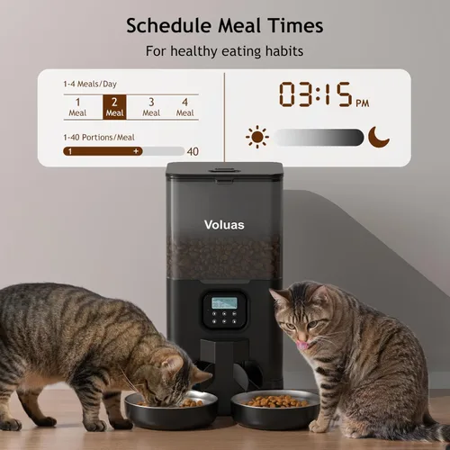 Vista 2 de Voluas Comedero automático para gatos para dos gatos, comedero doble para mascotas con 2 cuencos de acero inoxidable, comederos temporizados