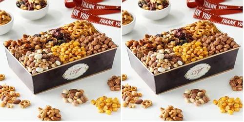 Broadway Basketeers Cesta de regalo con texto en inglés "Thank You Nuts", surtido de 6 frutos secos gourmet variados, mezclas de frutos secos, caja