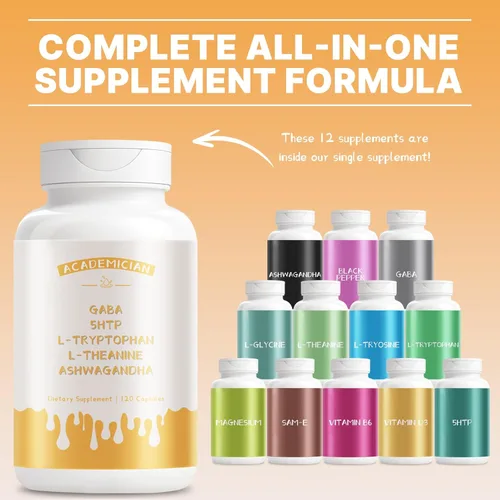 Vista 3 de Ashwagandha Suplementos con GABA Suplemento L-triptófano Cápsulas 5-HTP L-teanina - 120