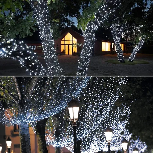 Vista 9 de Paquete de 2 tiras de luces solares de 100 luces LED para exteriores, impermeables, de 42.7 pies, luces solares de Navidad de alambre verde, 8 modos