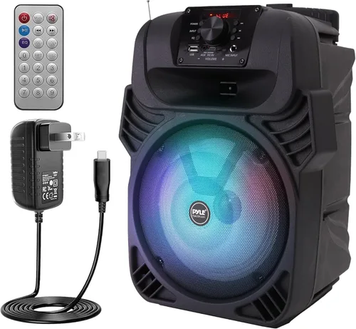 Pyle Altavoz Bluetooth portátil de 8 pulgadas | Altavoz PA de karaoke recargable de 500 W con luces LED de fiesta, entradas de micrófono, radio FM,