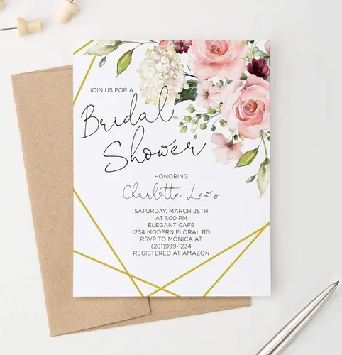 Vista 2 de Modern Pink Paper Invitaciones florales para despedida de soltera, elegantes invitaciones de despedida de soltera, cantidad y color de sobre a