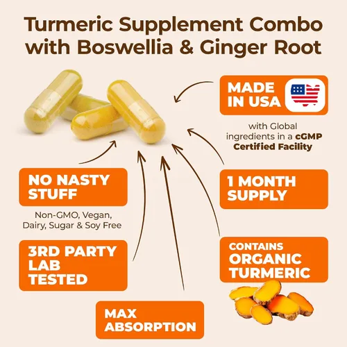 Vista 5 de Turmeric Supplement Bundle – 2-Pack Organic Turmeric Curcumin Supplement with 95% Curcuminoids + 65% Boswellia Extract, Ginger Root & Black Pepper
