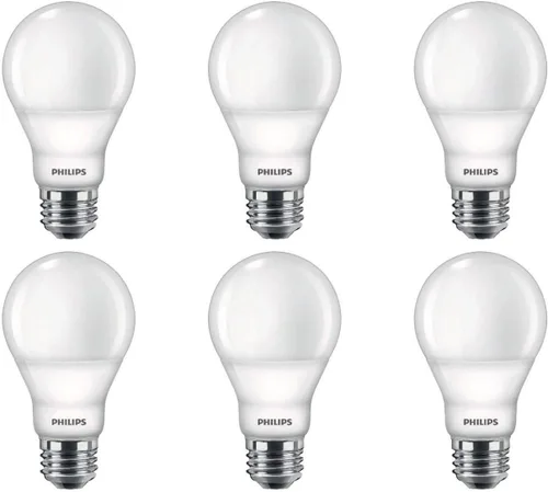 Bombilla A19 esmerilada sin parpadeo, efecto de brillo cálido regulable, 800 lúmenes, 2700-2200K, 8.8W = 60W, base E26, paquete de 6
