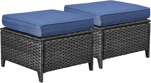 Vista 11 de Juego de 2 taburetes otomanos de mimbre de ratán para todo tipo de clima, con cojines suaves para muebles de patio