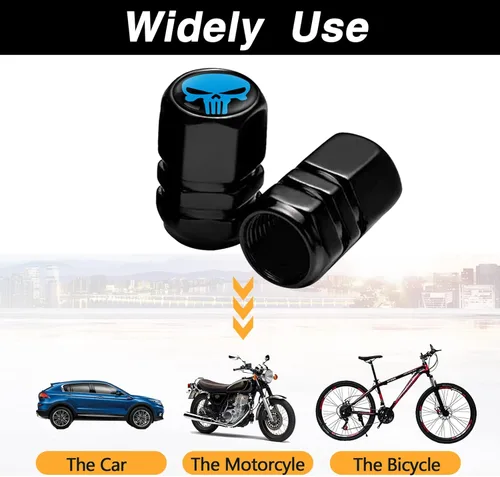 Vista 6 de Ajxn Paquete de 4 tapones de válvula de neumático de calavera, cubiertas herméticas a prueba de polvo para rueda de automóvil, tapas universales