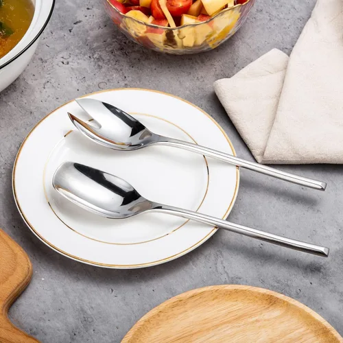 Vista 4 de IMEEA Servidores de ensalada de acero inoxidable 18/10, utensilios para servir ensalada, cuchara y tenedor de 10 pulgadas
