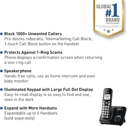 Vista 2 de Panasonic KX-TGD810B - Teléfono inalámbrico con bloqueo de llamadas avanzado, identificación de llamadas bilingüe, pantalla grande de alto