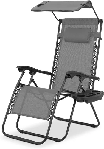 Vista 14 de Magshion Silla de Descanso Zero Gravity con Toldo, Silla Reclinable Plegable para Patio Exterior con Bandeja Lateral, Reclinable Antigravedad