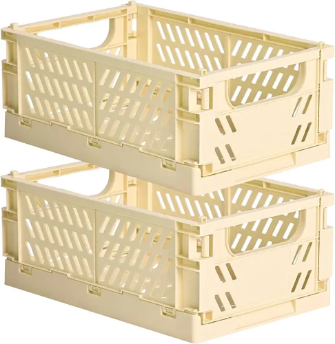 Vista 13 de HUUSMOT Paquete de 2 pequeñas cestas de almacenamiento de plástico pastel, cajas plegables para organizar, mini contenedores que ahorran espacio