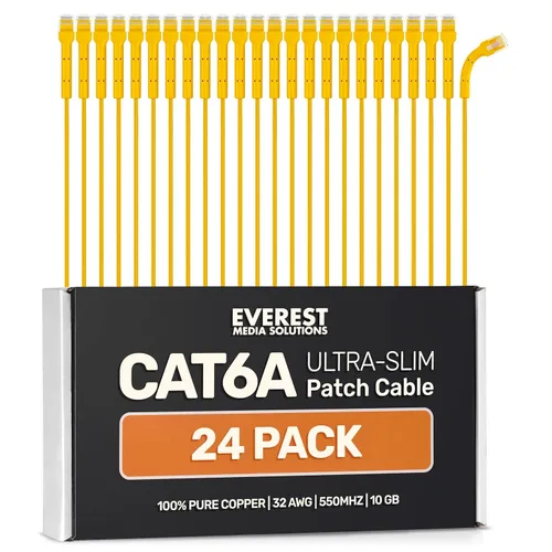 Vista 25 de Everest Cables de parcheo Ethernet Cat6a ultra delgados 1 pie (paquete de 10) Amarillo - Cable de parcheo Cat 6a de 10GB - Cable Ethernet flexible
