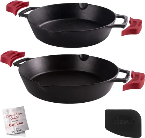 Vista 18 de Sartén de hierro fundido + Juego de tapa de hierro fundido – Sartenes de 8"+10"+12" de doble mango + raspador de sartén + fundas de soporte de mango