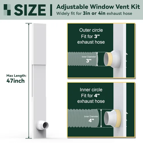 Vista 2 de Flehomo Kit de ventilación de ventana para manguera de 3 y 4 pulgadas de diámetro, incluye cubierta de ventilación con solapas de cierre automático