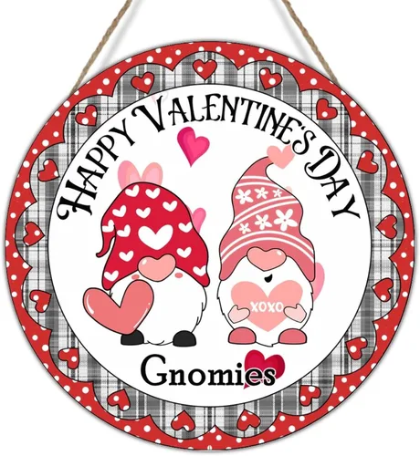 Vista 12 de Letrero de madera con diseño de gnomos de feliz día de San Valentín, corona de corazón rojo, gnomo rosa, regalo para el día de San Valentín