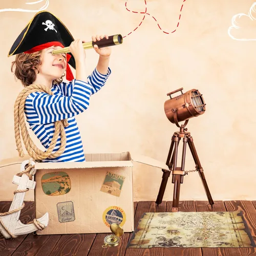 Vista 4 de Telescopio monocular pirata, mapa del tesoro, brújula, sombrero pirata, estampado de calavera, disfraz de capitán, 5 piezas de recuerdos de fiesta
