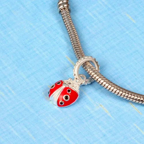 Vista 2 de Abalorio de mariquita de plata de ley 925 para pulsera y collar con circonita cúbica esmaltada, color rojo y negro