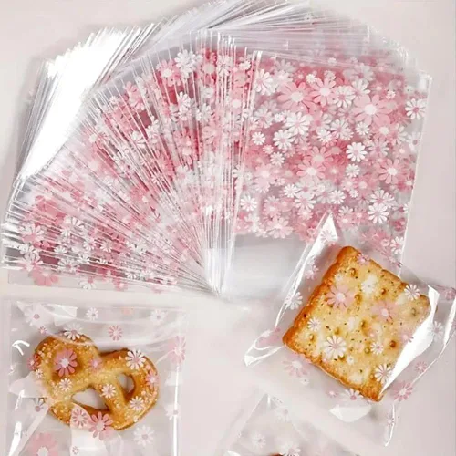 Vista 3 de 100 bolsas de galletas de margaritas blancas y rosadas, bolsas de dulces autosellantes para golosinas, galletas, postres, bonitas bolsas de celofán