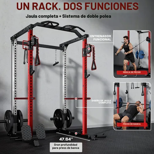 Vista 4 de DP01 - Jaula de potencia, estante para sentadillas de 2000 libras con cable cruzado y sistema de polea doble independiente, jaula completa