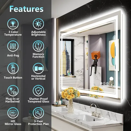 Vista 2 de Espejo de baño LED de 48 x 30 pulgadas con luces, retroiluminado + frontal iluminado, espejo de tocador con luz antiniebla para pared de baño con 3
