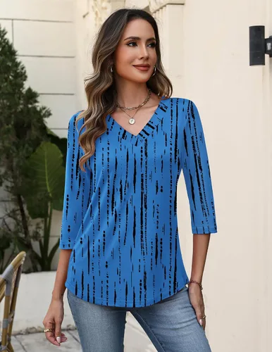Vista 3 de Zeagoo Camisetas de manga 3/4 para mujer, cuello en V, blusa casual elegante, camisetas básicas 2026, ropa de moda S-2XL