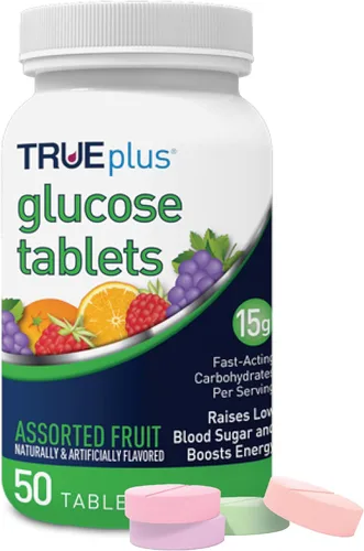 Vista 32 de TRUEplus Tabletas de Glucosa, Sabor Variado (Uva, Frambuesa, Naranja) - Caja de 50 unidades con 12 Botellas