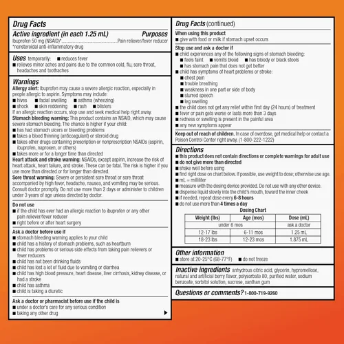 Vista 5 de Amazon Basic Care - Suspensión oral de ibuprofeno para bebés, 50 mg/1.25 mL, gotas concentradas sabor a bayas, sin colorantes, 1 fl oz (paquete de 1)
