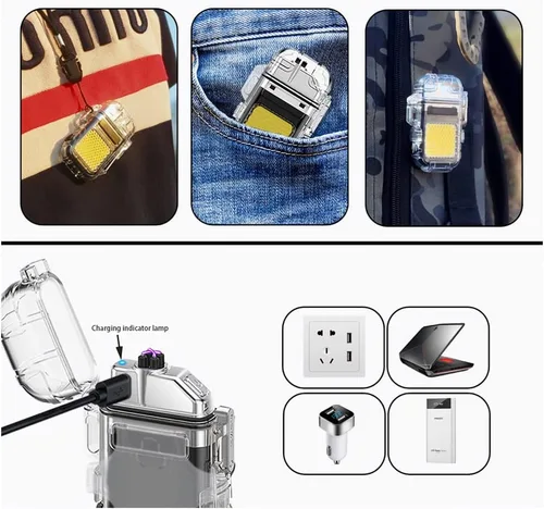 Vista 4 de Encendedor eléctrico de arco al aire libre, encendedor recargable por USB, linterna LED, encendedor de plasma de doble arco perfecto para camping