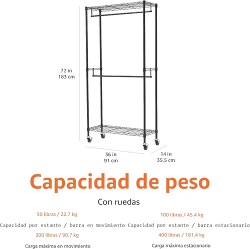Vista 7 de Yaxa Basics Perchero Rodante Ajustable para Colgar Ropa con Estante Superior e Inferior - Negro 35.8''L x 18''A x 71.06''Al