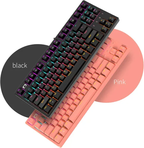 Vista 7 de FIRSTBLOOD ONLY GAME STK130 Teclado mecánico para juegos compacto 87 teclas con cable para jugadores de PC con Windows retroiluminación RGB arco