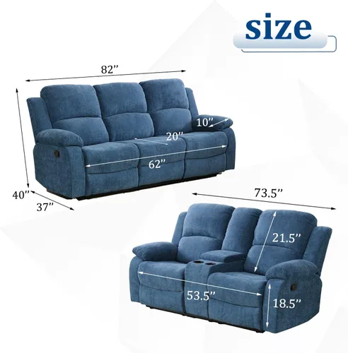 Vista 2 de Juego de sofá reclinable para sala de estar, juego de muebles de 2 piezas, sofá reclinable de 3 asientos y sofá biplaza con portavasos y consola