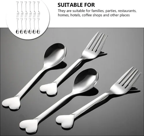 Vista 7 de Juego de 12 tenedores y cucharas de acero inoxidable en forma de corazón para postres, aperitivos de frutas y fiestas, cubiertos aptos