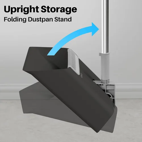 Vista 9 de JOYMOOP Juego de escoba y recogedor negro, diseño de ángulo vertical con dientes de peine integrados para el hogar, oficina, suelos de madera dura