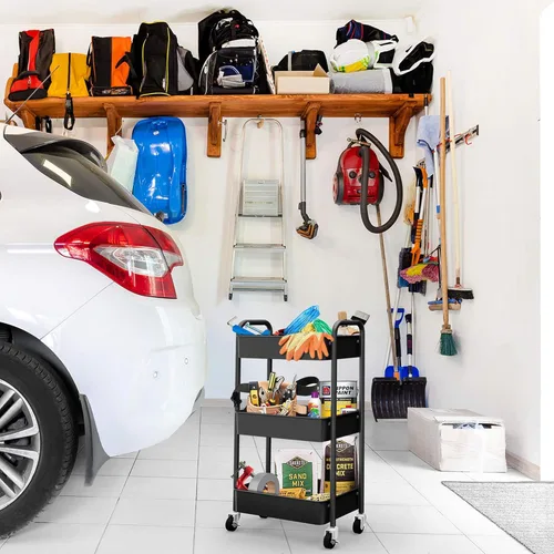 Vista 5 de CAXXA 3-Tier Rolling Metal Storage Organizer - Mobile Utility Cart, Kitchen Cart with Caster Wheels (Black)