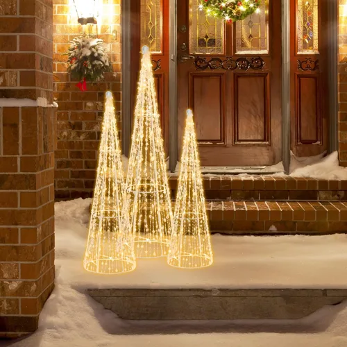 Vista 3 de Tangkula Juego de 3 árboles de cono de Navidad iluminados, juego de árbol cónico decorativo de Navidad con cadenas de estrellas, 90 luces LED