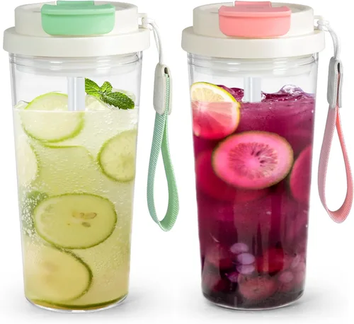 Vista 8 de Vaso transparente de 20 onzas con tapa y pajilla, 2 vasos de plástico para café helado, vaso acrílico para café, refrescos, té, leche, jugo, regalo