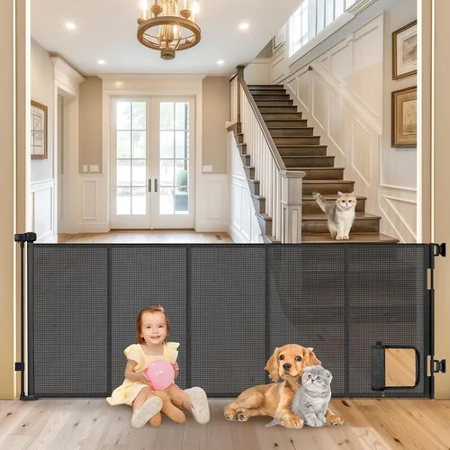 Puerta retráctil extra ancha reforzada de 90 pulgadas para mascotas con puerta para gatos, puerta de malla de 33 pulgadas de alto, puertas