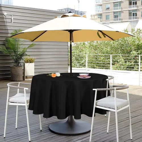 Vista 24 de SARAFLORA Mantel para Exteriores e Interiores - Redondo de 60 pulgadas Color Beige Sin Arrugas Lavable Impermeable Mantel con Agujero para Sombrilla
