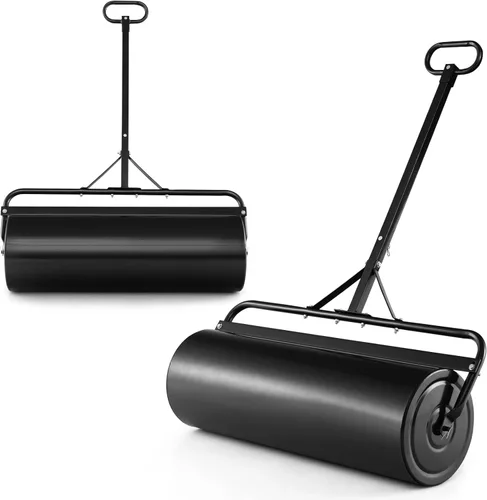 Goplus Rodillo de césped, rodillo de césped de empuje/remolque, rodillo de césped relleno de agua y arena de 17 galones/63L, mango de agarre