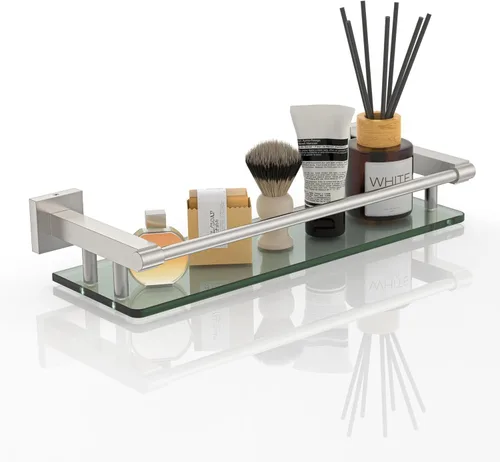 Vista 14 de Estantes de vidrio para baño, estante rectangular de acero inoxidable cromado de 20 pulgadas, estante de vidrio templado para montaje en pared