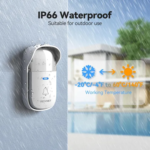 Vista 6 de TECKNET Kit de timbre inalámbrico autoalimentado, timbre de puerta enchufable con luz RGB, 60 campanillas y 5 niveles de volumen, timbre de aula