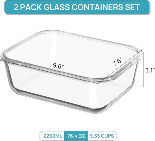 Vista 3 de Vtopmart Paquete de 2 recipientes de vidrio grandes de 76.4 onzas líquidas, almacenamiento de alimentos con tapas, juego de recipientes de alimentos