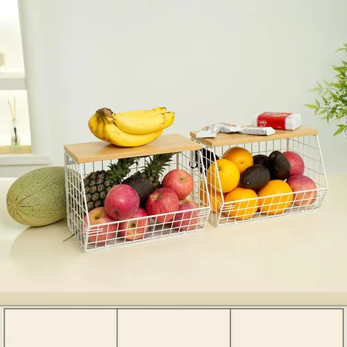 Vista 10 de Estante Magnético para Refrigerador con Tapa de Madera, Cesta de Frutas Resistente, Contenedores de Almacenamiento de Frutas, Papas y Cebollas