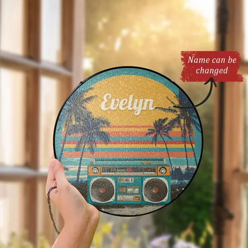 Vista 2 de Retro Boombox Suncatcher with Custom Name, Vintage Style Music Sun Catcher for Windows, Personalized Sunset Scene Window Hanging, Gifts for Music