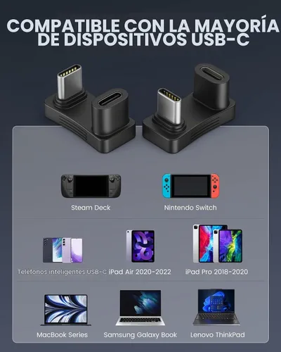 Vista 6 de MoKo Adaptador USB-C de 180 grados, ángulo en forma de U con PD 100W/10Gbps Negro