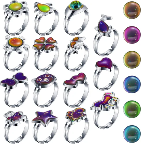 Hicarer 15 Pieces Mood Rings for Kids Adjustable Mixed Color Changing Mood Rings Gifts for Girls Boys Costume Props Birthday Party Favors and Goodie