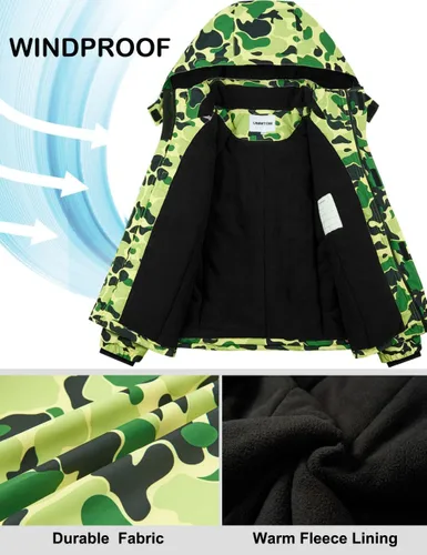 Vista 3 de UMMTOM Chaqueta de esquí impermeable para niños, con forro polar, abrigo de nieve cálido para invierno con capucha para niños