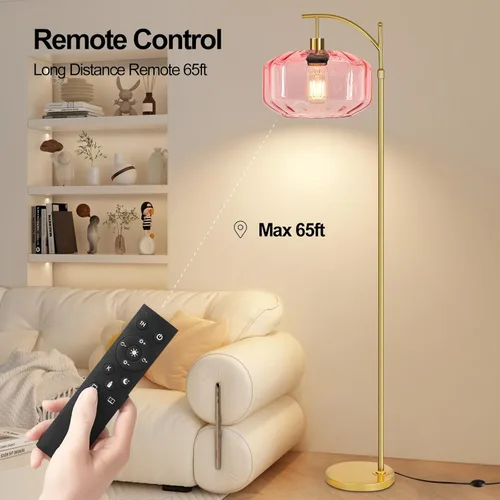 Vista 7 de Lámparas de pie doradas para sala de estar, dormitorio, lámpara de pie de cristal con control remoto y pantalla rosa, lámpara de pie regulable