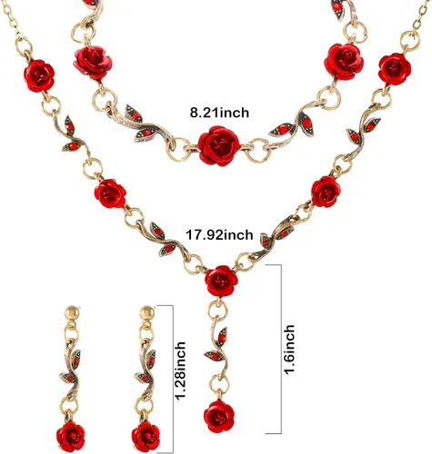 Vista 5 de Juego de 4 a 5 piezas de joyería de oro rosa para mujer, collar de flor de rosa, aretes, pulsera, colgante de cristal de hoja, collar con diamantes