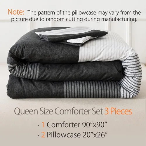 Vista 2 de Andency Juego de edredón tamaño Queen de 3 piezas, color negro, blanco, gris, a rayas (90 x 90 pulgadas), edredón de microfibra suave alternativo